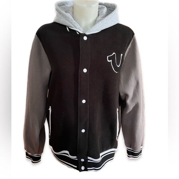 True Religion Varsity Jacket with Hood Black and Gray Jacket Size Large - Picture 1 of 8
